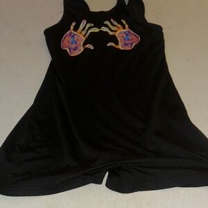 Womens Size L Black Romper with Colorful Handprint Design